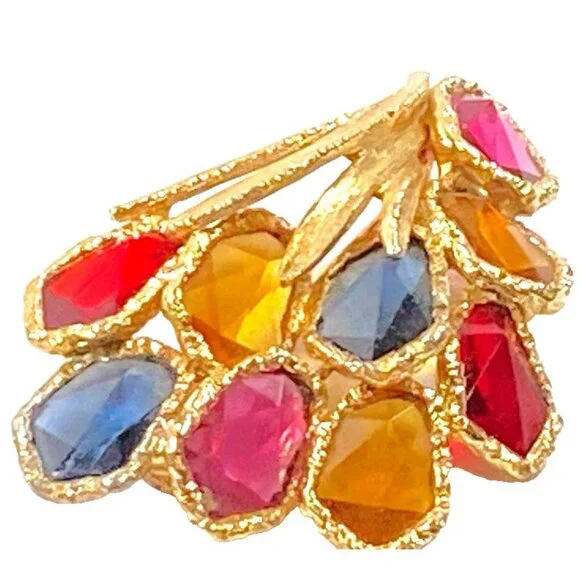 CAPRI Faceted Glass Brooch Bright Gold Tone Modern Multicolor Flower Spray VTG